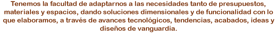 Tenemos la facultad de adaptarnos a las necesidades tanto de presupuestos, materiales y espacios, dando soluciones dimensionales y de funcionalidad con lo que elaboramos, a través de avances tecnológicos, tendencias, acabados, ideas y diseños de vanguardia.